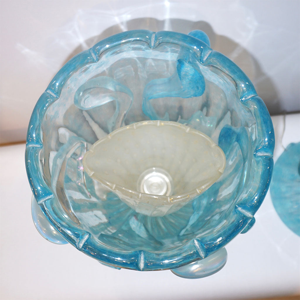 1970 Italian Modern Pair of Vintage Aquamarine Sea Blue Murano Glass Table Lamps