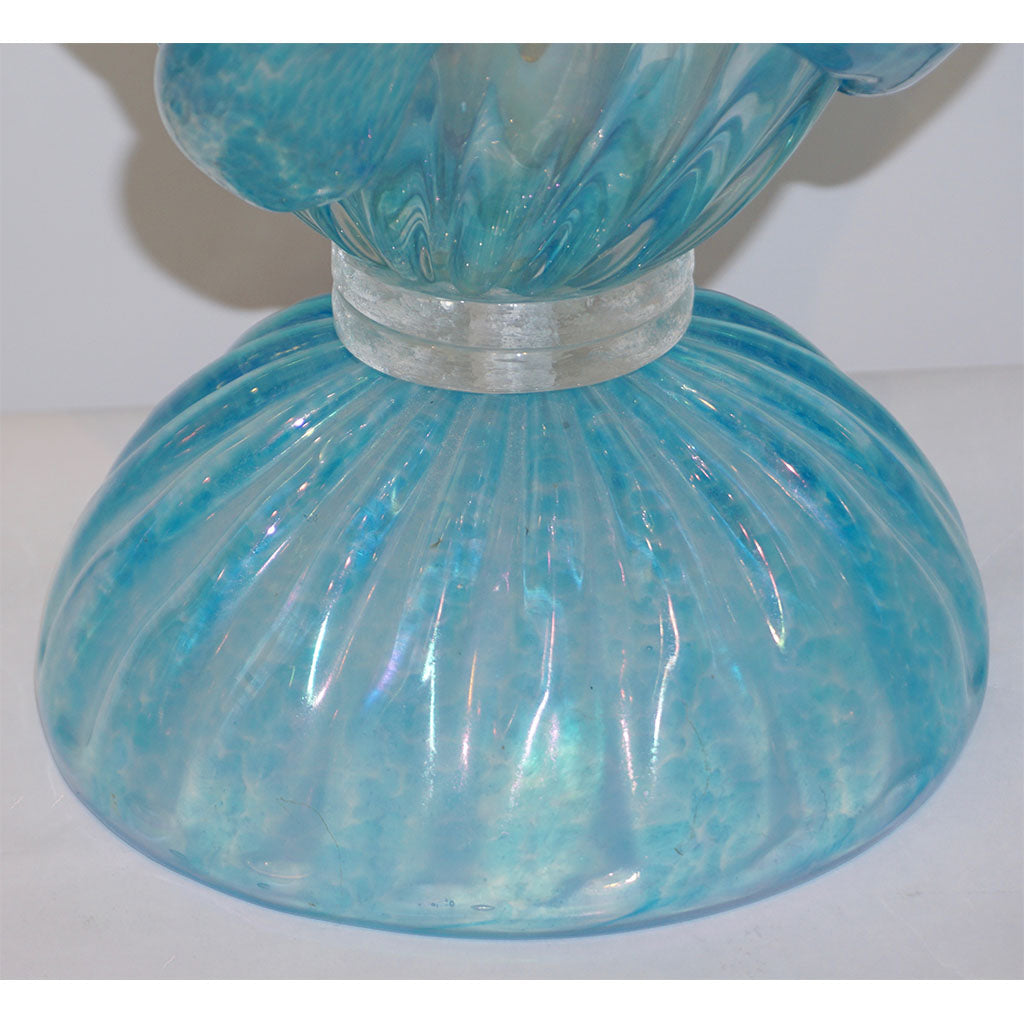 1970 Italian Modern Pair of Vintage Aquamarine Sea Blue Murano Glass Table Lamps