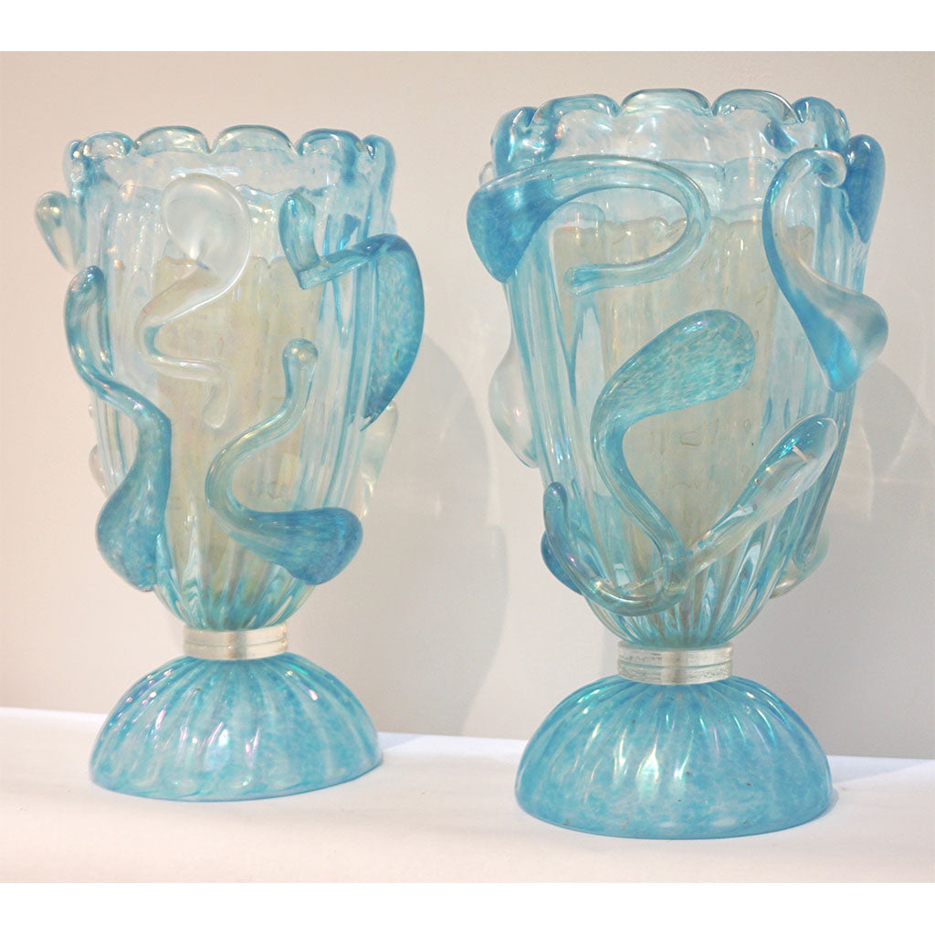 1970 Italian Modern Pair of Vintage Aquamarine Sea Blue Murano Glass Table Lamps