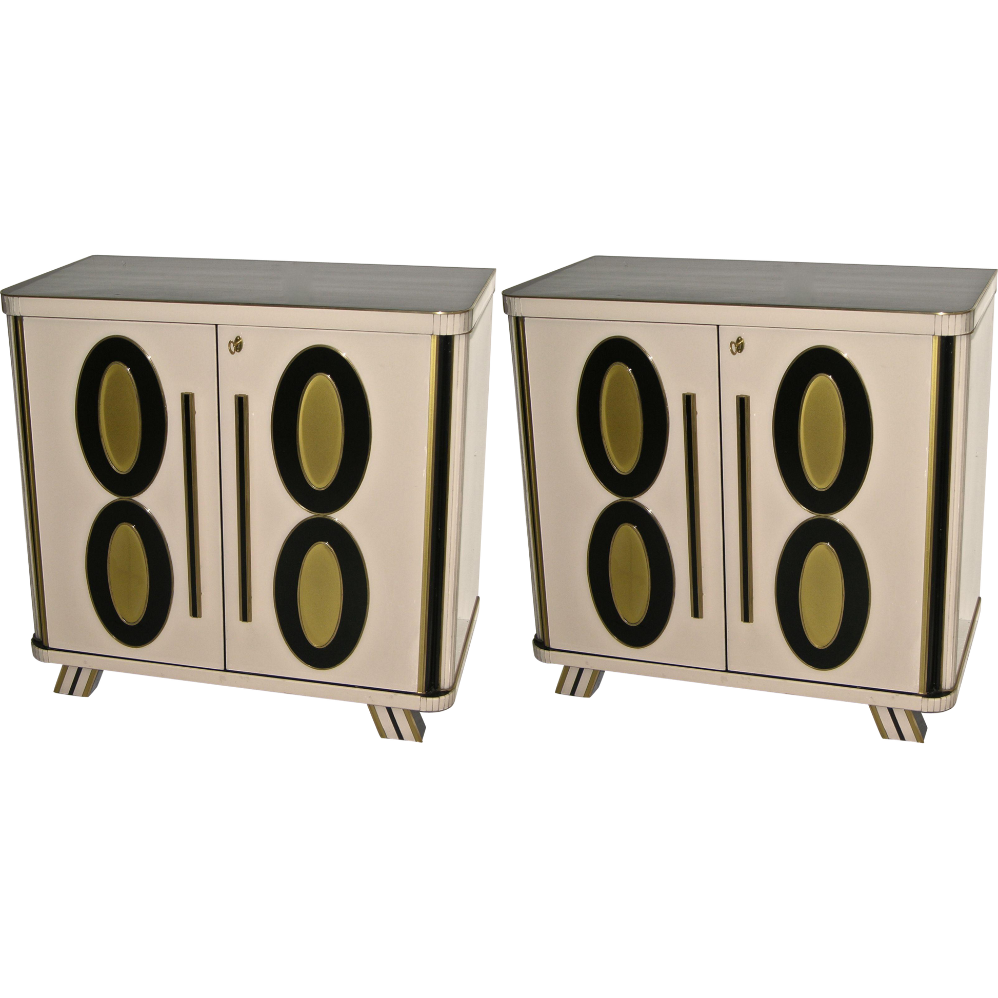 1970s Italian Art Deco Design Pair of Gold Black and White Cabinets or Sideboard - Cosulich Interiors & Antiques