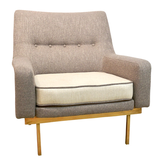 Arflex 1970s Italian Brass and Two-Tone Ivory Cream and Gray Cozy Armchair