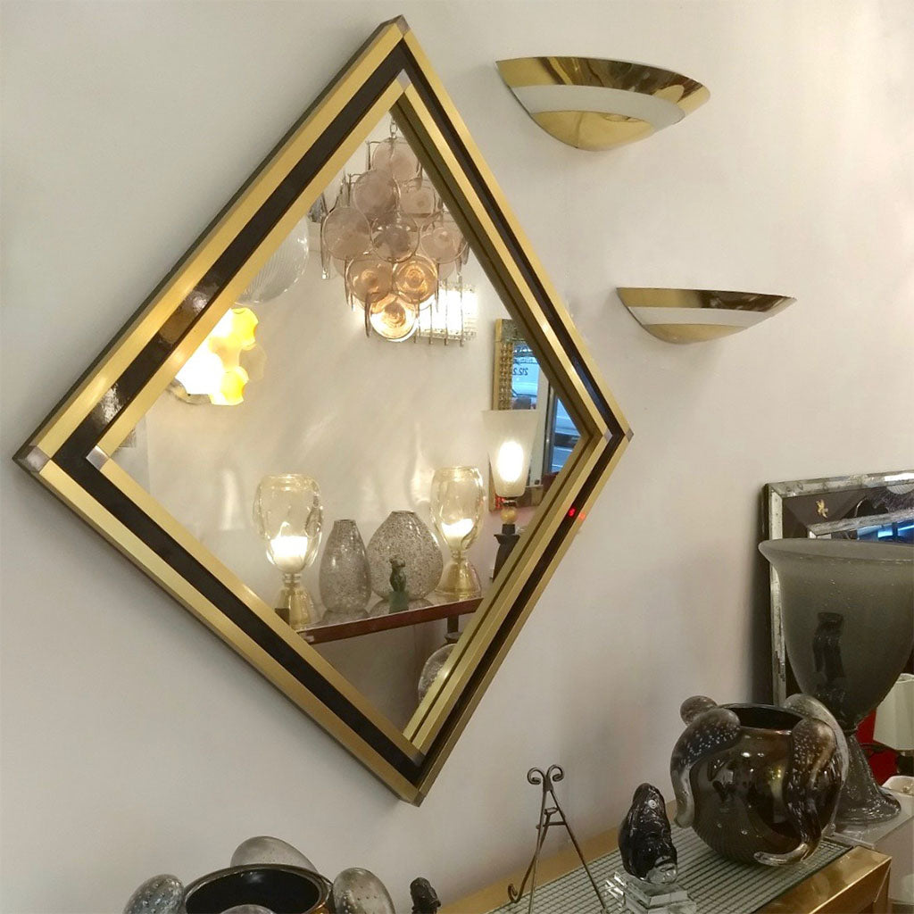 Mario Sabot Italian 1970s Modern Brass and Black Square Wall Mirror