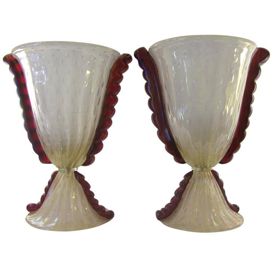 Barovier Toso Vintage Italian Pair Frosted Murano Glass Lamps with Red Accents
