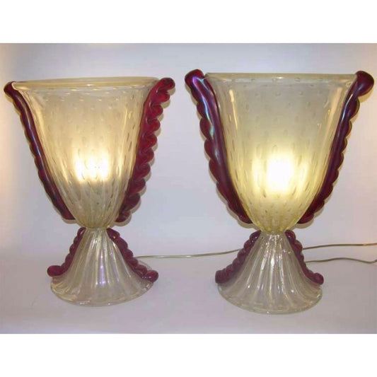 Barovier Toso Vintage Italian Pair Frosted Murano Glass Lamps with Red Accents