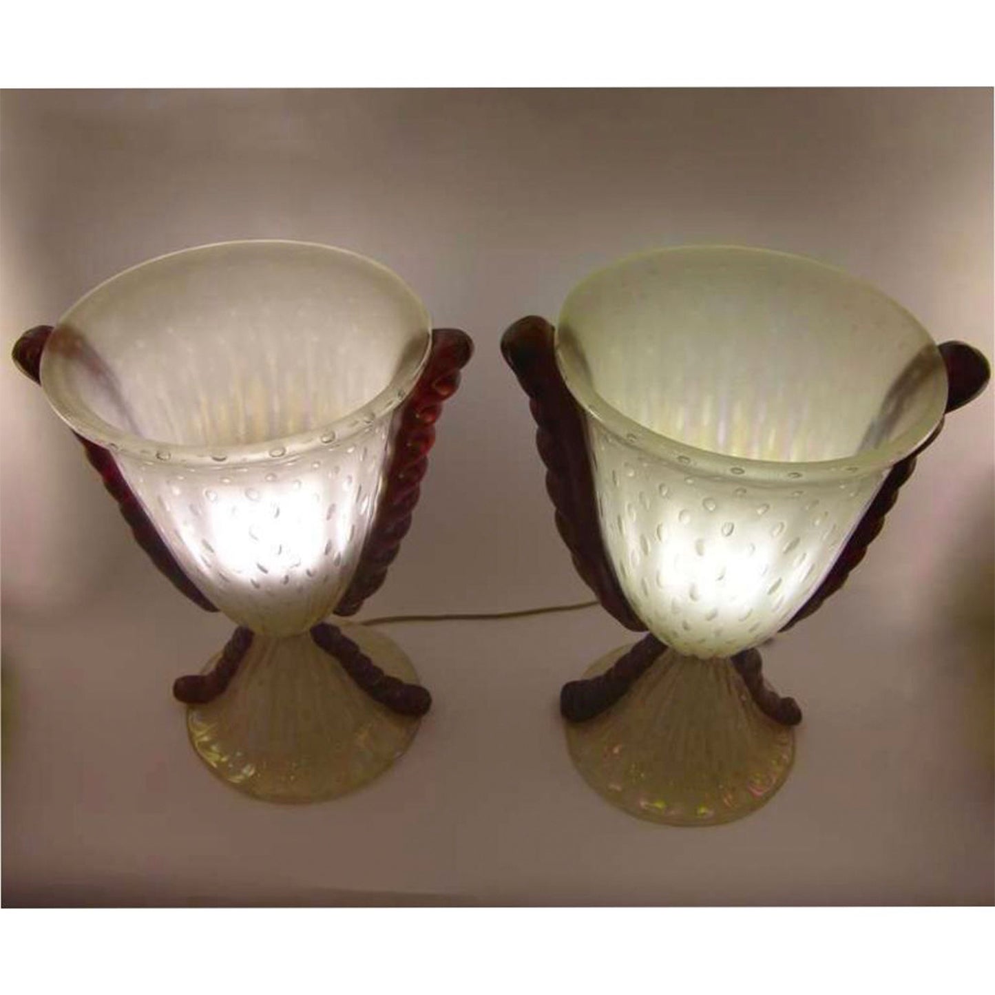 Barovier Toso Vintage Italian Pair Frosted Murano Glass Lamps with Red Accents