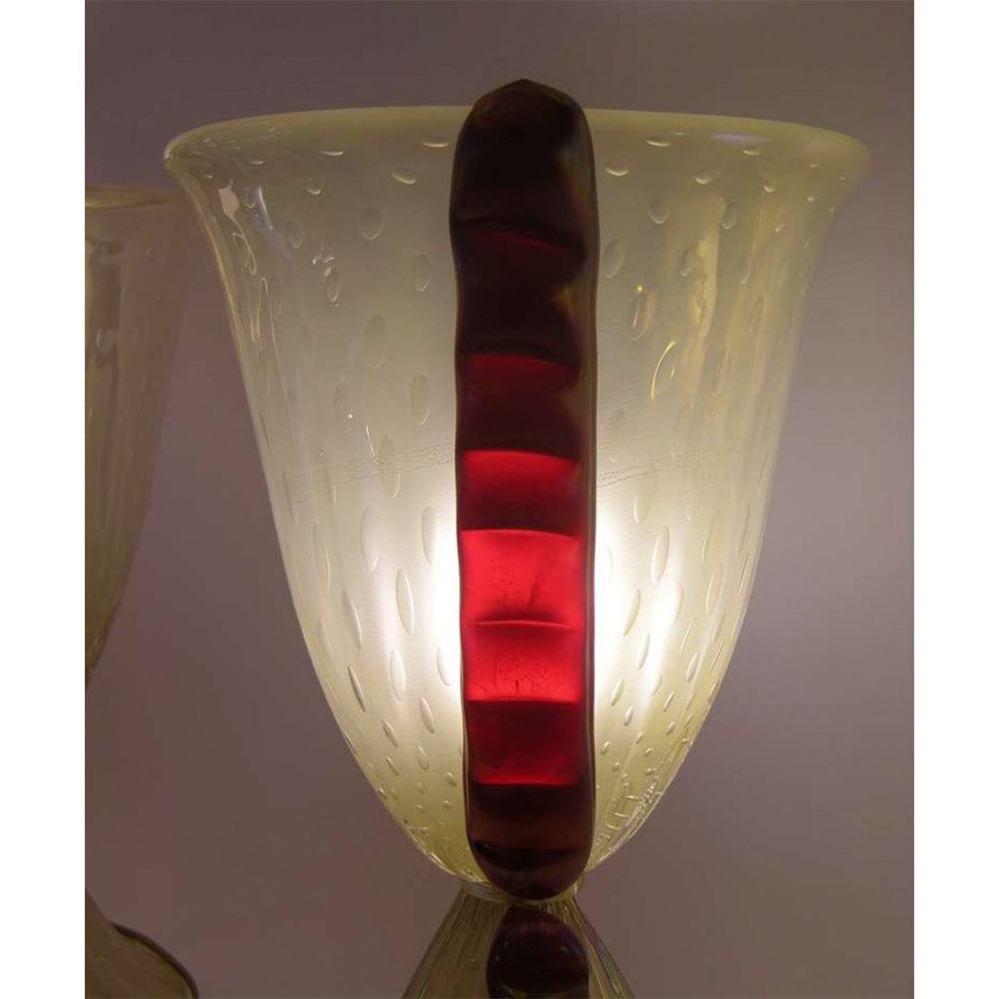 Barovier Toso Vintage Italian Pair Frosted Murano Glass Lamps with Red Accents