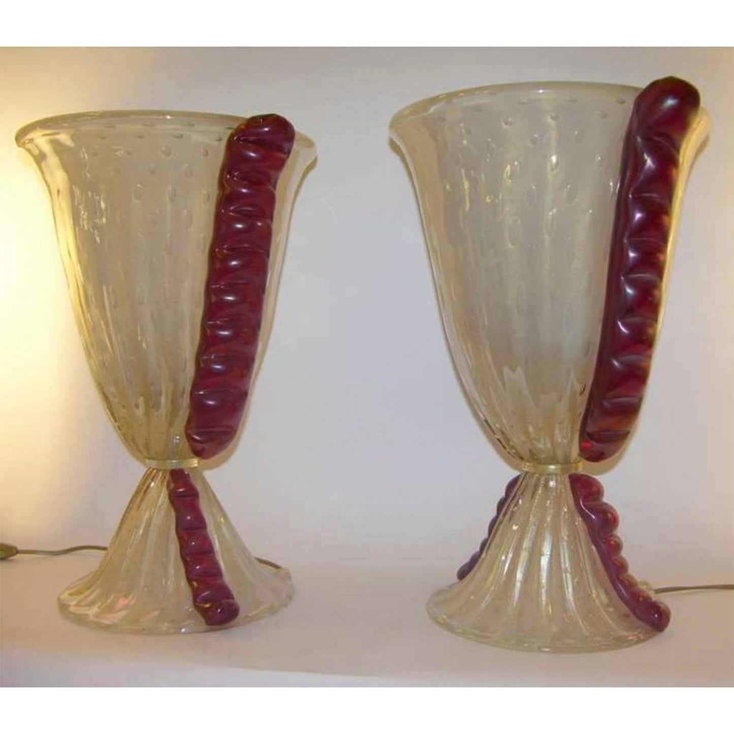 Barovier Toso Vintage Italian Pair Frosted Murano Glass Lamps with Red Accents