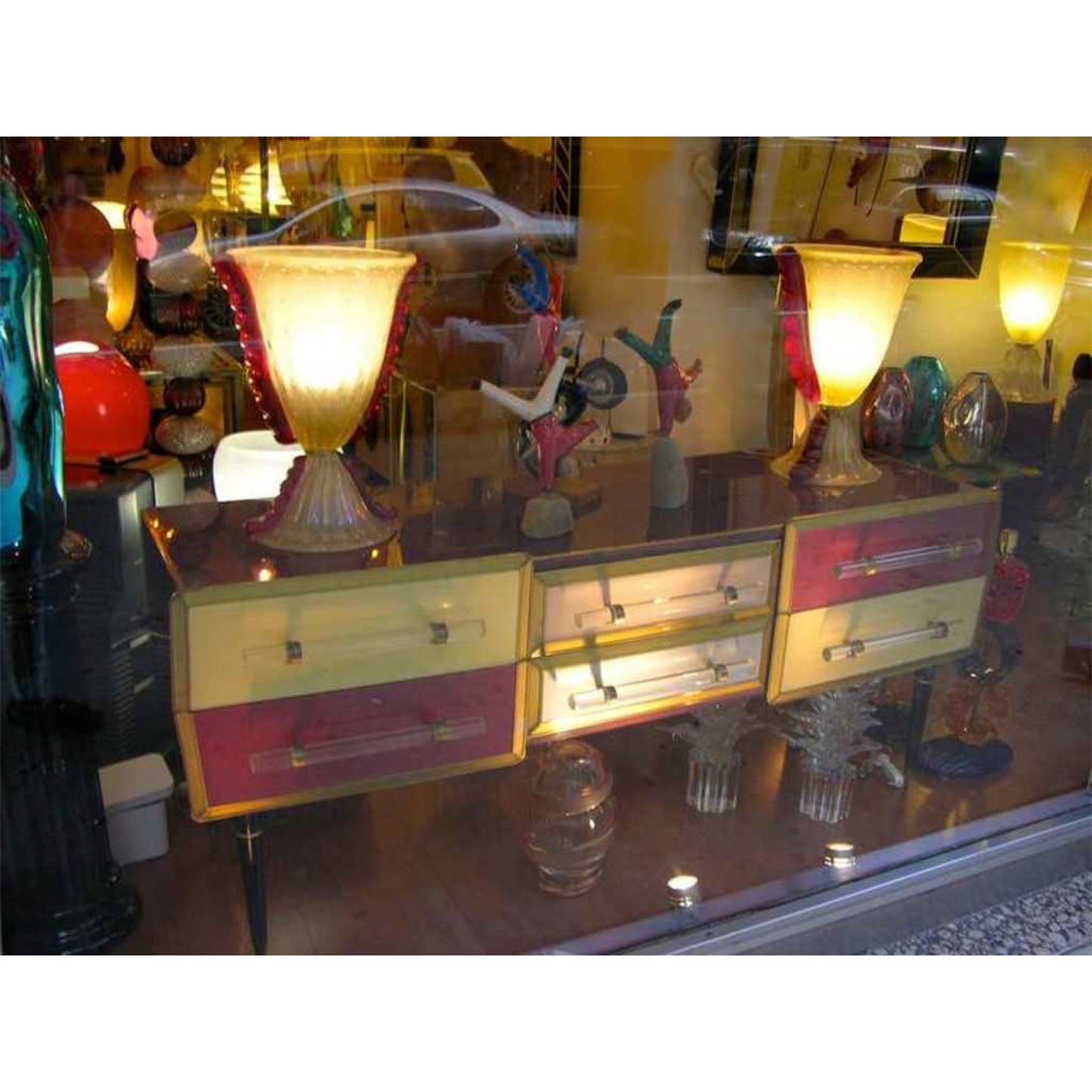 Barovier Toso Vintage Italian Pair Frosted Murano Glass Lamps with Red Accents