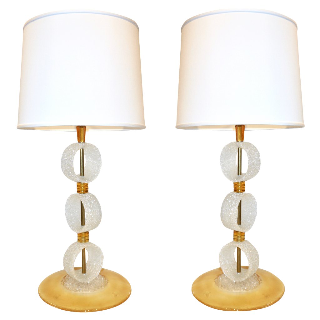 Italian 1970s Vintage Curved Pair of Brass & White Amber Gold Murano Glass Lamps