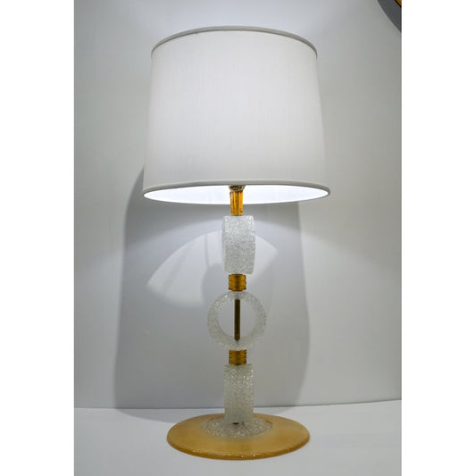 Italian 1970s Vintage Curved Pair of Brass & White Amber Gold Murano Glass Lamps