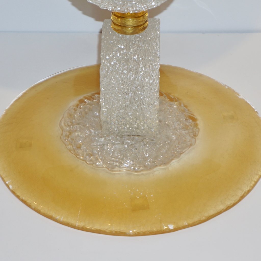 Italian 1970s Vintage Curved Pair of Brass & White Amber Gold Murano Glass Lamps