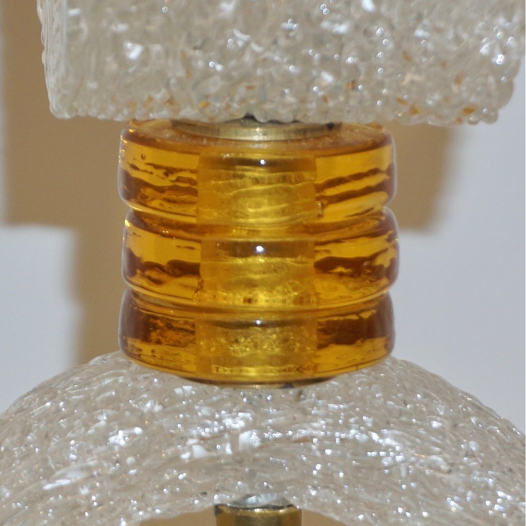 Italian 1970s Vintage Curved Pair of Brass & White Amber Gold Murano Glass Lamps