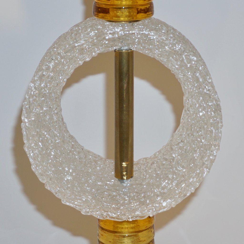 Italian 1970s Vintage Curved Pair of Brass & White Amber Gold Murano Glass Lamps