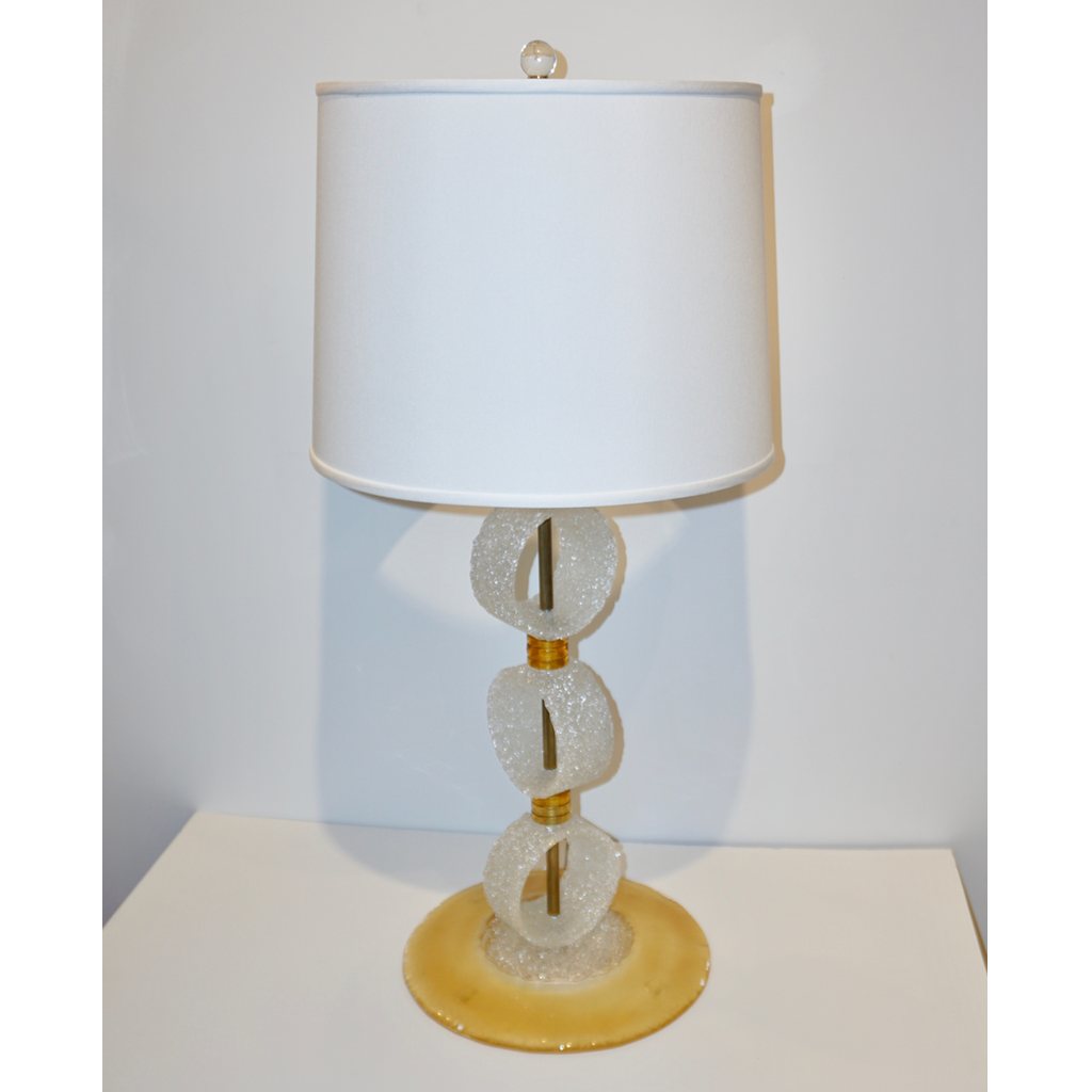 Italian 1970s Vintage Curved Pair of Brass & White Amber Gold Murano Glass Lamps