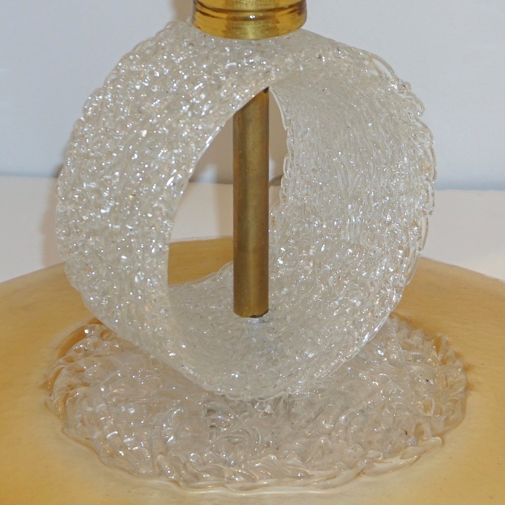 Italian 1970s Vintage Curved Pair of Brass & White Amber Gold Murano Glass Lamps