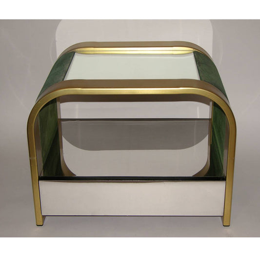 Romeo Rega 1970s Brass and Chrome Open Side Tables with Green Velvet Sides