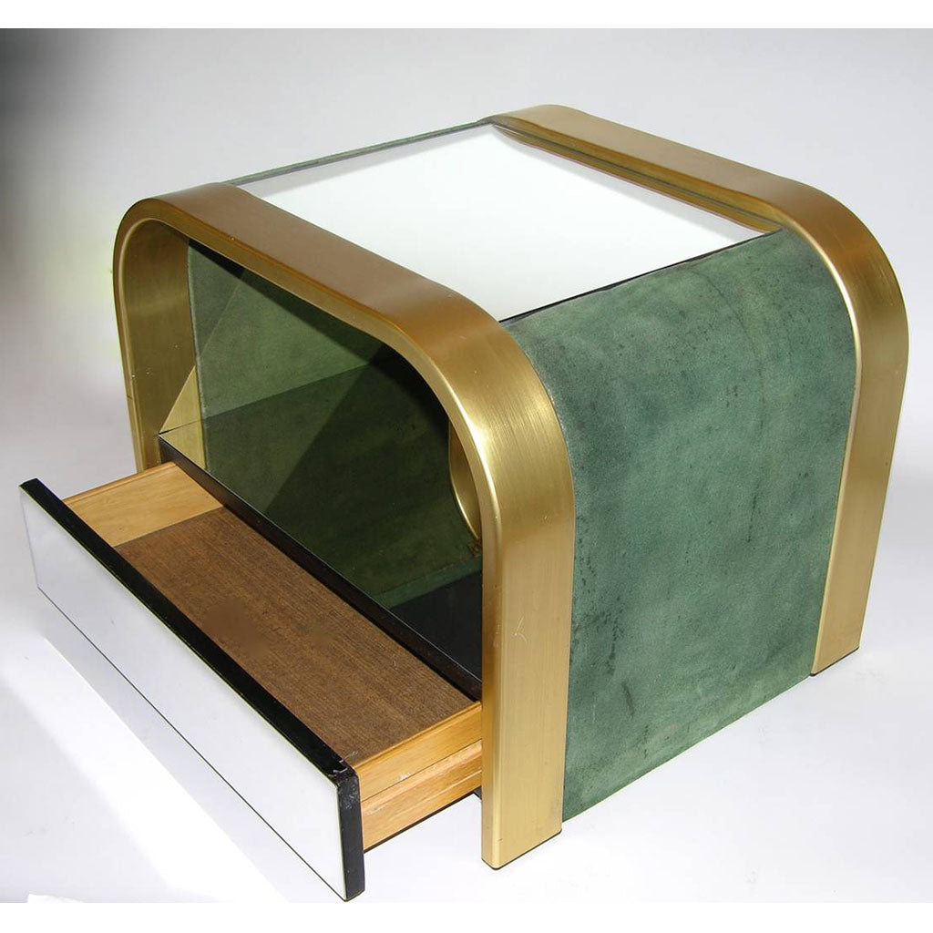 Romeo Rega 1970s Brass and Chrome Open Side Tables with Green Velvet Sides