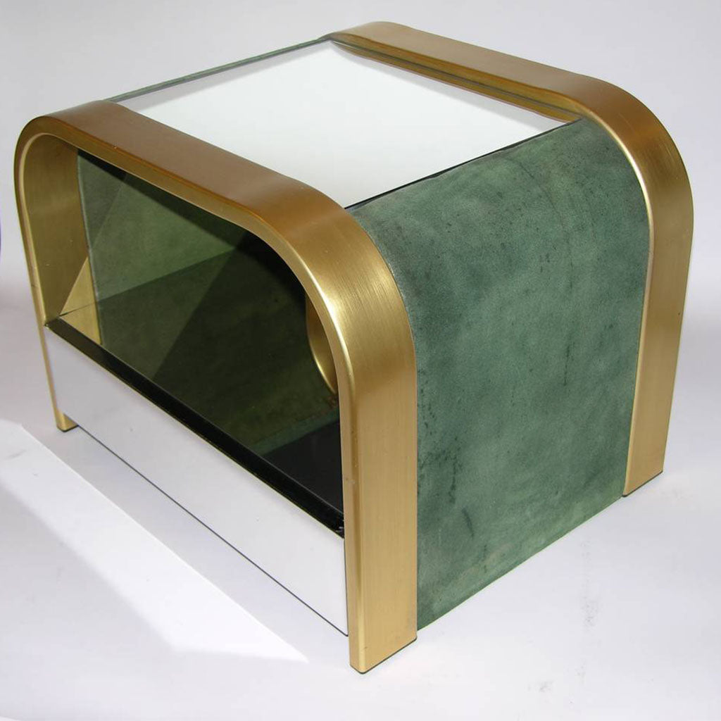 Romeo Rega 1970s Brass and Chrome Open Side Tables with Green Velvet Sides