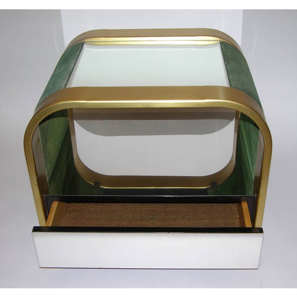 Romeo Rega 1970s Brass and Chrome Open Side Tables with Green Velvet Sides