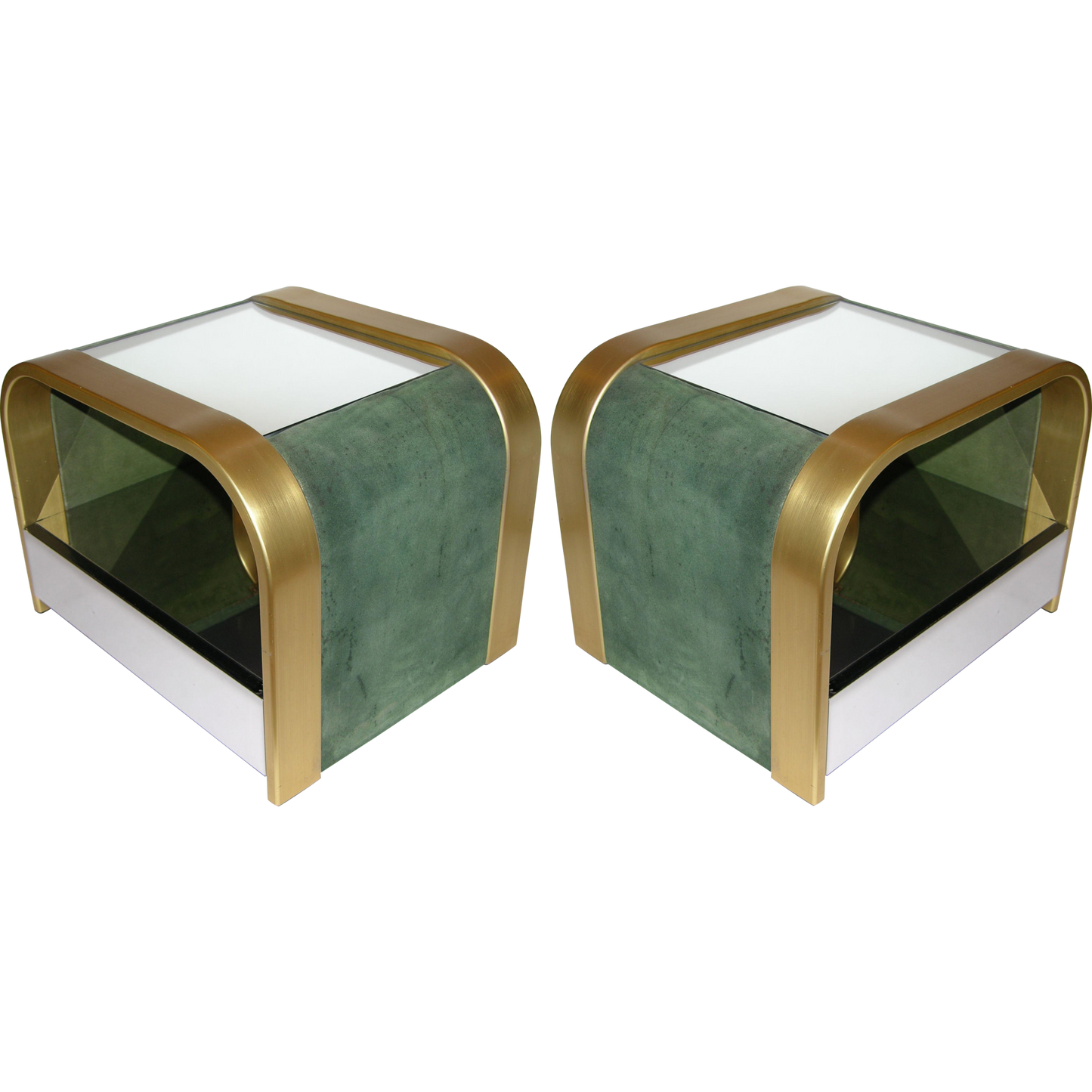 Romeo Rega 1970s Brass and Chrome Open Side Tables with Green Velvet Sides - Cosulich Interiors & Antiques
