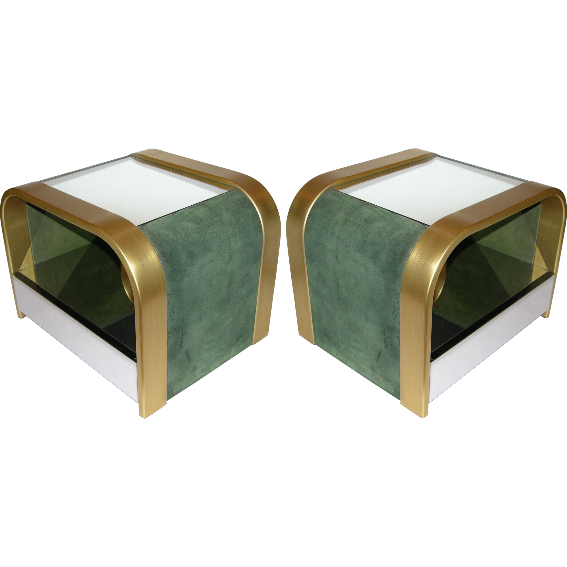 Romeo Rega 1970s Brass and Chrome Open Side Tables with Green Velvet Sides - Cosulich Interiors & Antiques