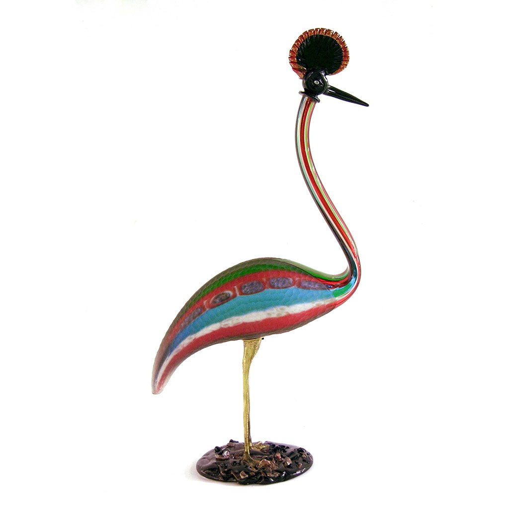 Vintage Italian Tall Red Blue Green White Glass Crested Bird Sculpture