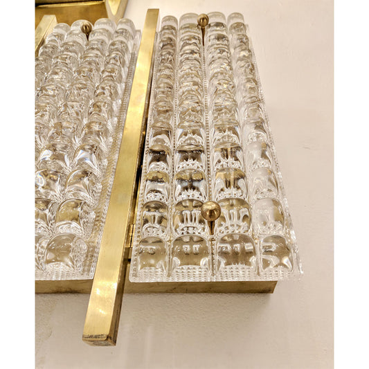 1970s Italian Large Rectangular Brass and Clear Murano Glass Sconces