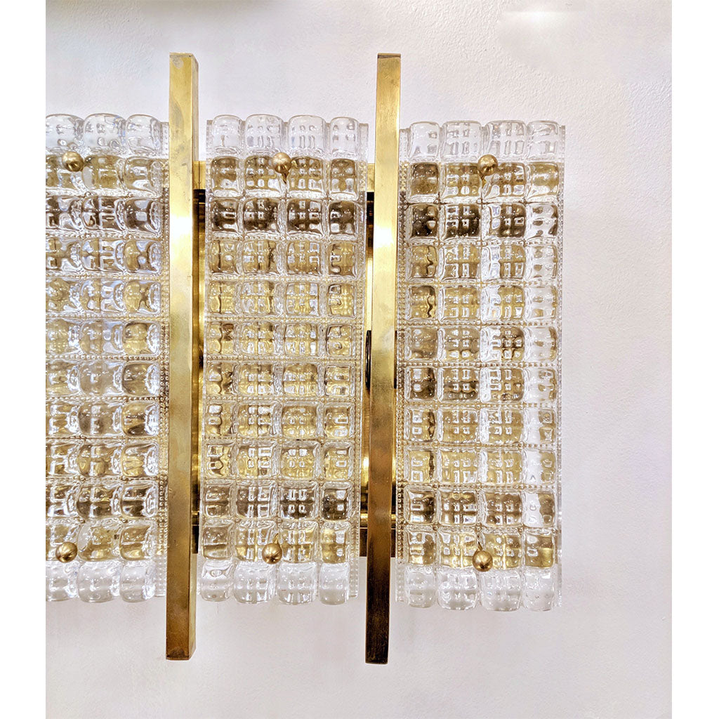 1970s Italian Large Rectangular Brass and Clear Murano Glass Sconces