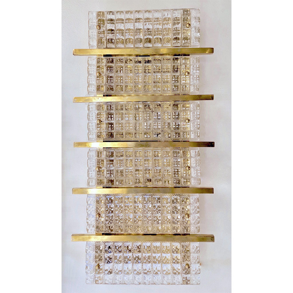 1970s Italian Large Rectangular Brass and Clear Murano Glass Sconces