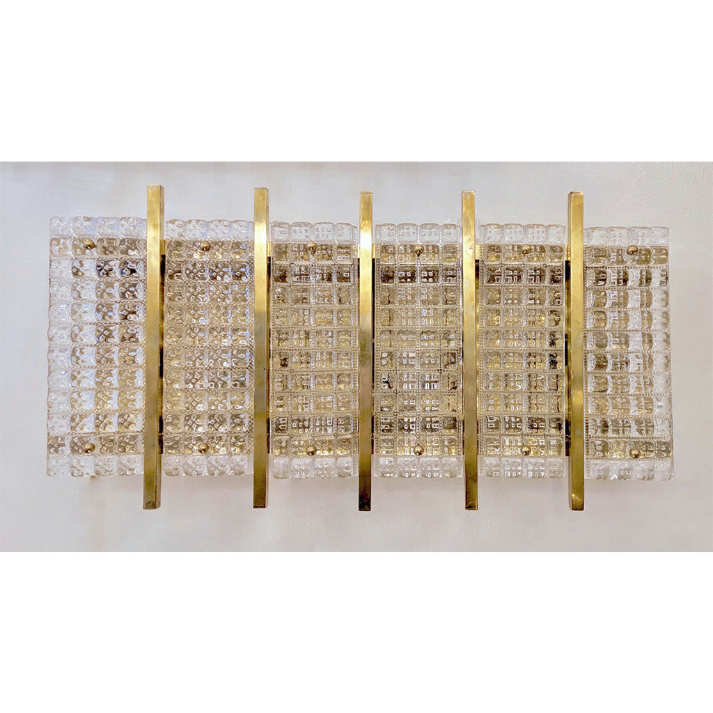 1970s Italian Large Rectangular Brass and Clear Murano Glass Sconces