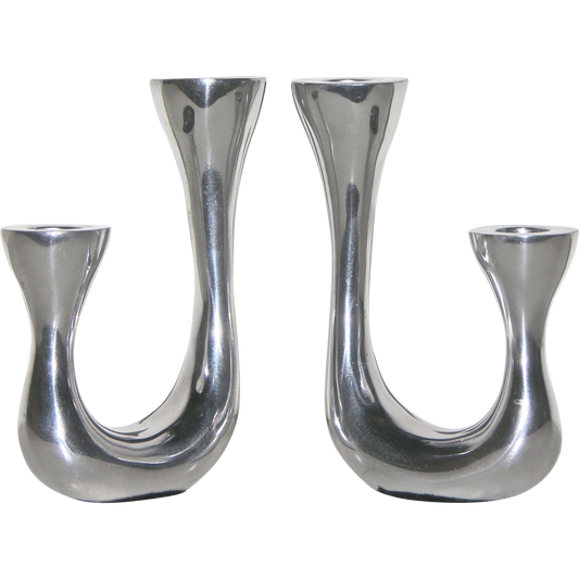 1970s Vintage Italian Pair of Polished Cast Aluminum Modern Candlesticks - Cosulich Interiors & Antiques