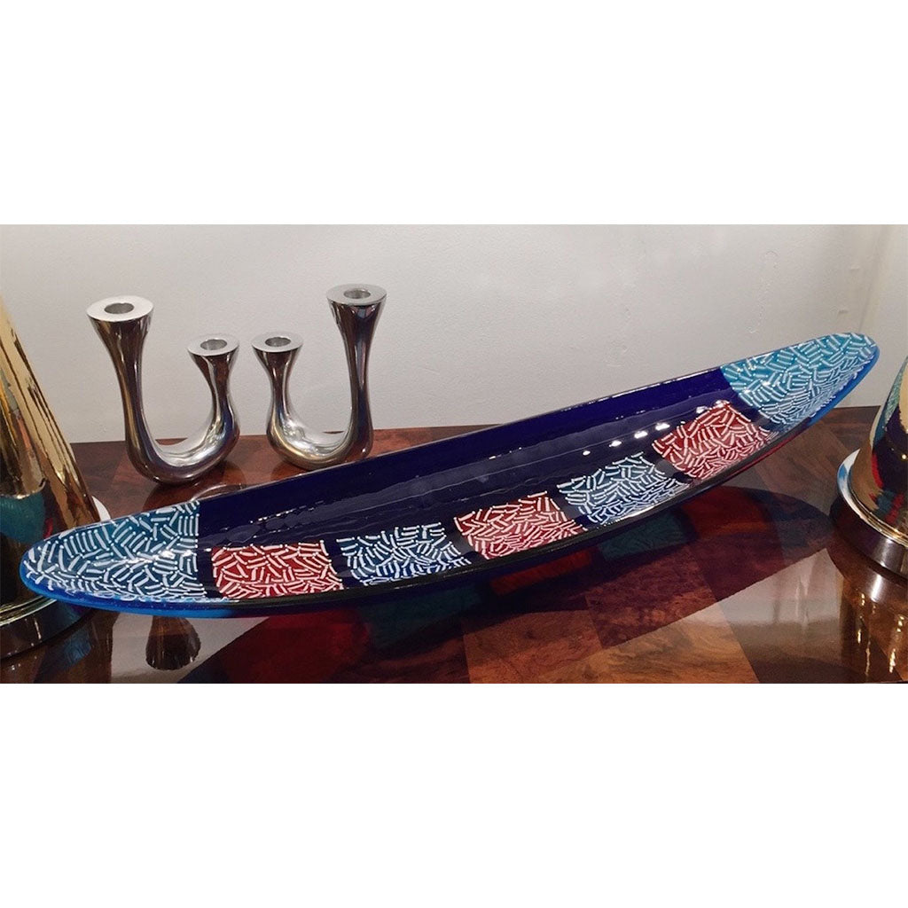 Italian Orientalist Azure Blue and Red Murano Glass Bowl Modern Centerpiece