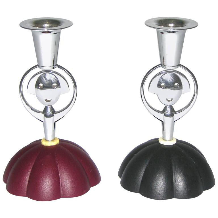 Alessi Alessandro Mendini 1999 Italian Pair of Red and Blue Chrome Candlesticks - Cosulich Interiors & Antiques