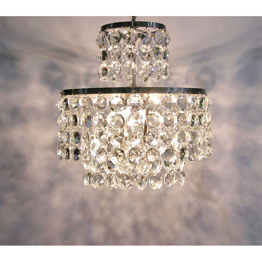 1950s Italian Vintage Satin Chrome and Clear Crystal Murano Glass Chandelier