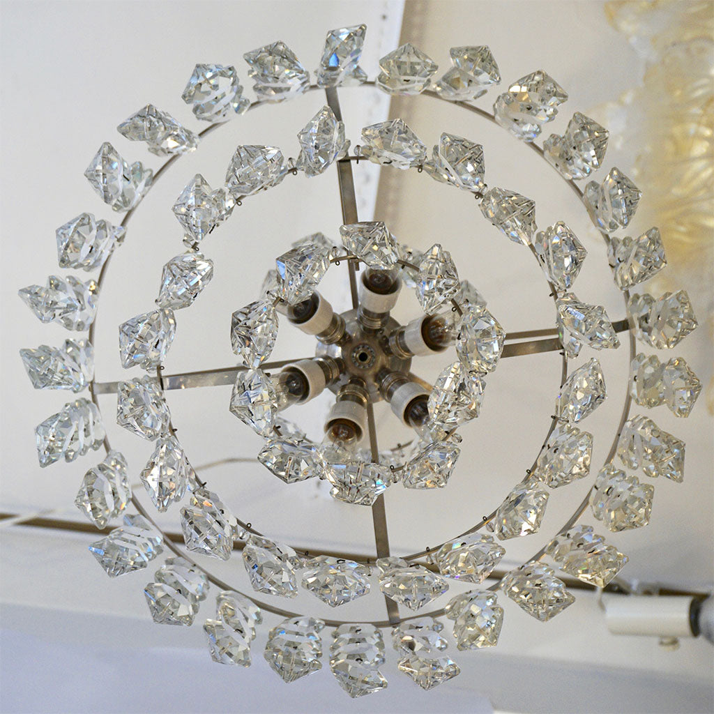 1950s Italian Vintage Satin Chrome and Clear Crystal Murano Glass Chandelier