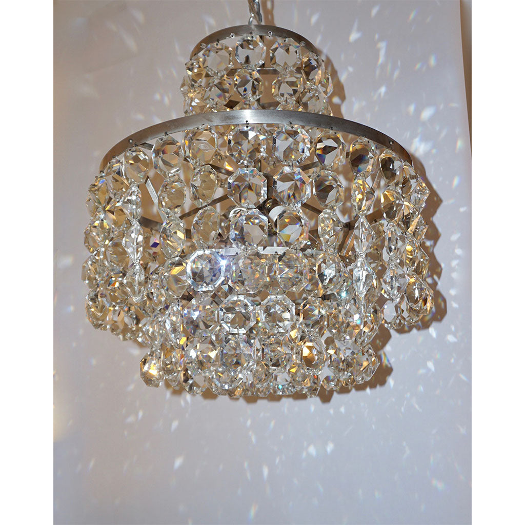 1950s Italian Vintage Satin Chrome and Clear Crystal Murano Glass Chandelier