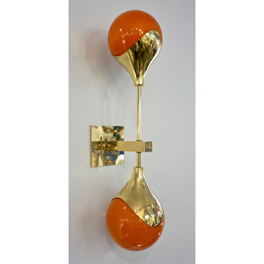 Contemporary Italian Pair of Two Globe White Orange Murano Glass Brass Sconces