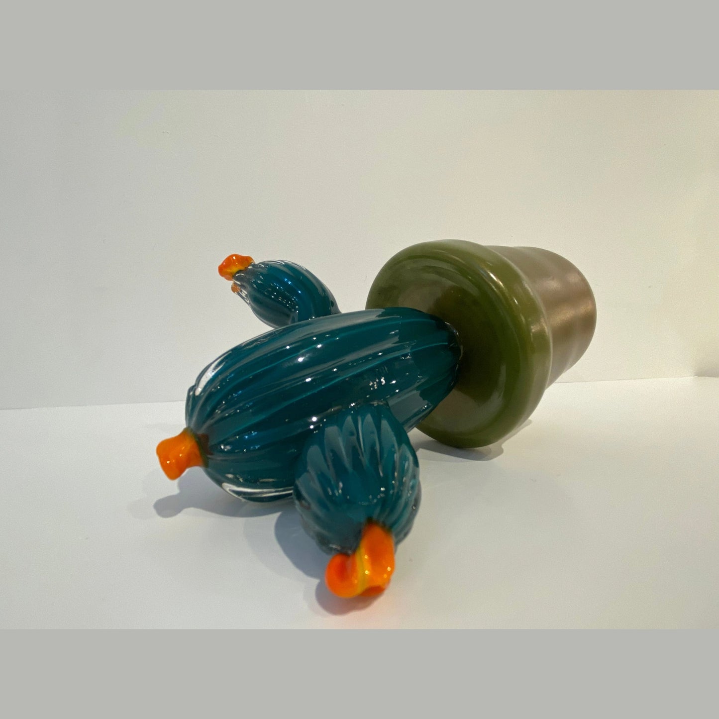 2000s Italian Teal Green Gold Murano Art Glass Cactus Plant with Orange Flowers