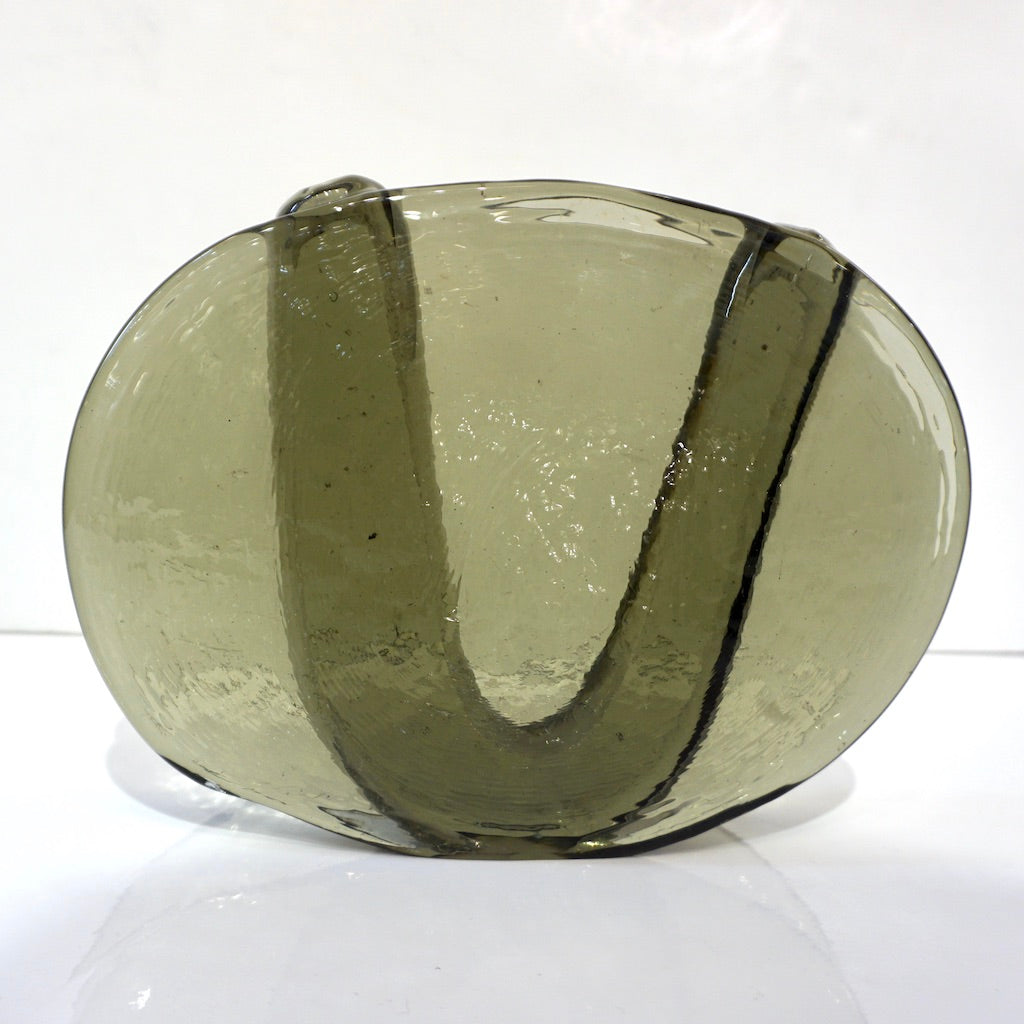 1970s Vintage Abstract Italian Smoked Green Murano Glass Oval Flower Vase