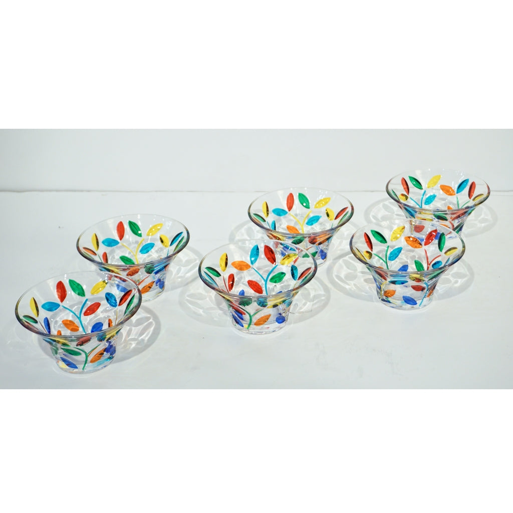 Colleoni Modern Set of 6 Crystal Murano Glass Cups / Bowls with Colorful Leaves