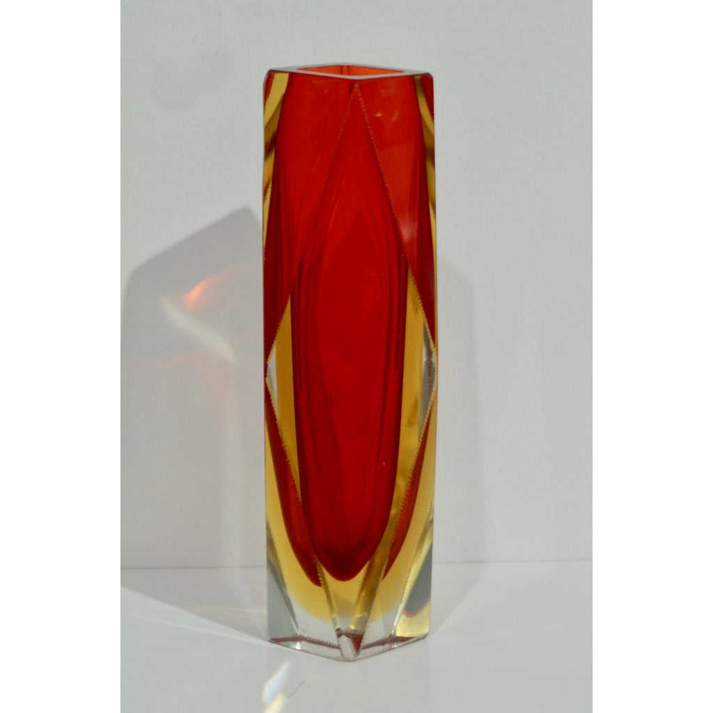 1950s Italian Vintage Seguso Yellow Red Crystal Murano Glass Multi Faceted Vase