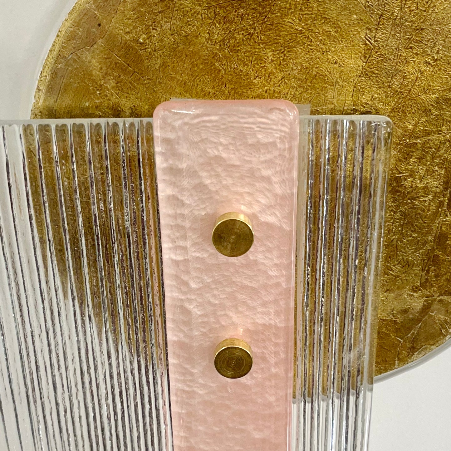 Italian Pair of Art Deco Style Textured Gold Pink & Crystal Murano Glass Sconces