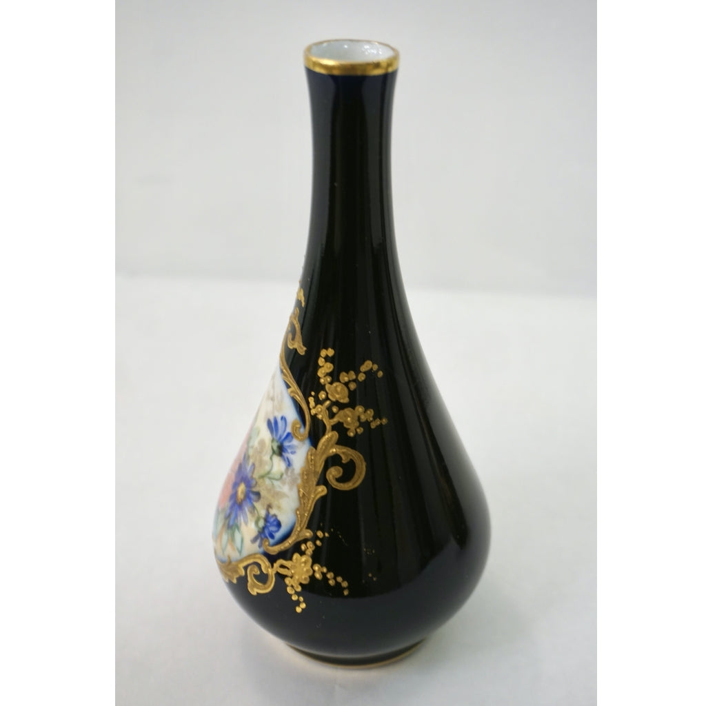 Limoges Porcelain 1930s Vintage French Pair of Cobalt Blue One Flower Vases