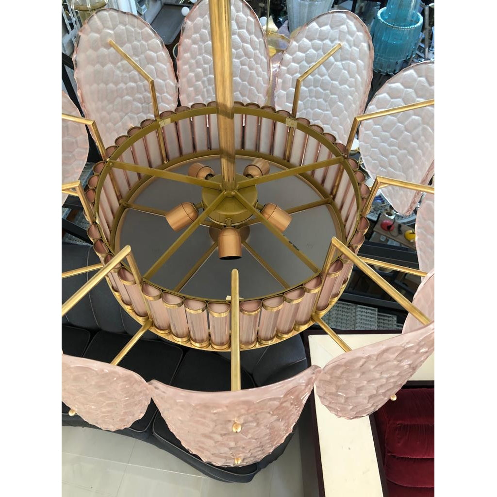 Bespoke Italian Crystal Rose Pink Murano Glass Brass Chandelier / Flushmount