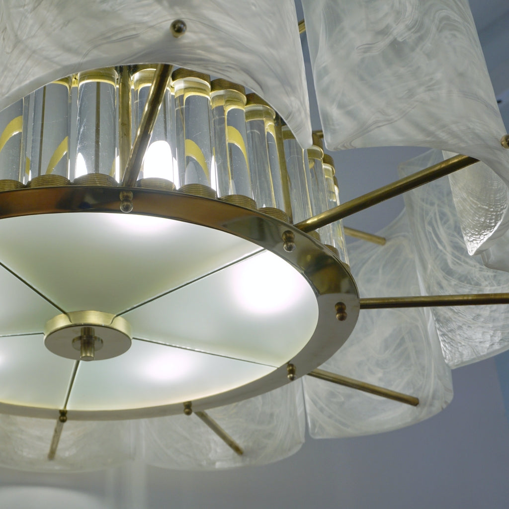 Bespoke Italian Crystal Ivory White Murano Glass Brass Chandelier / Flushmount