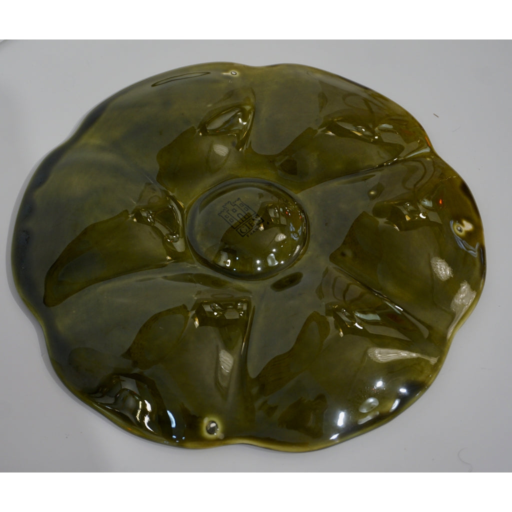 Gien 1950s French Set of 6 Green Majolica Oyster plates in Original Wood Box