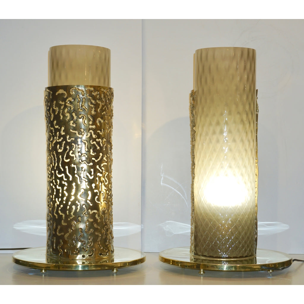 1980 Italian Brutalist Pair of Cream Beige Murano Glass Round Brass Table Lamps