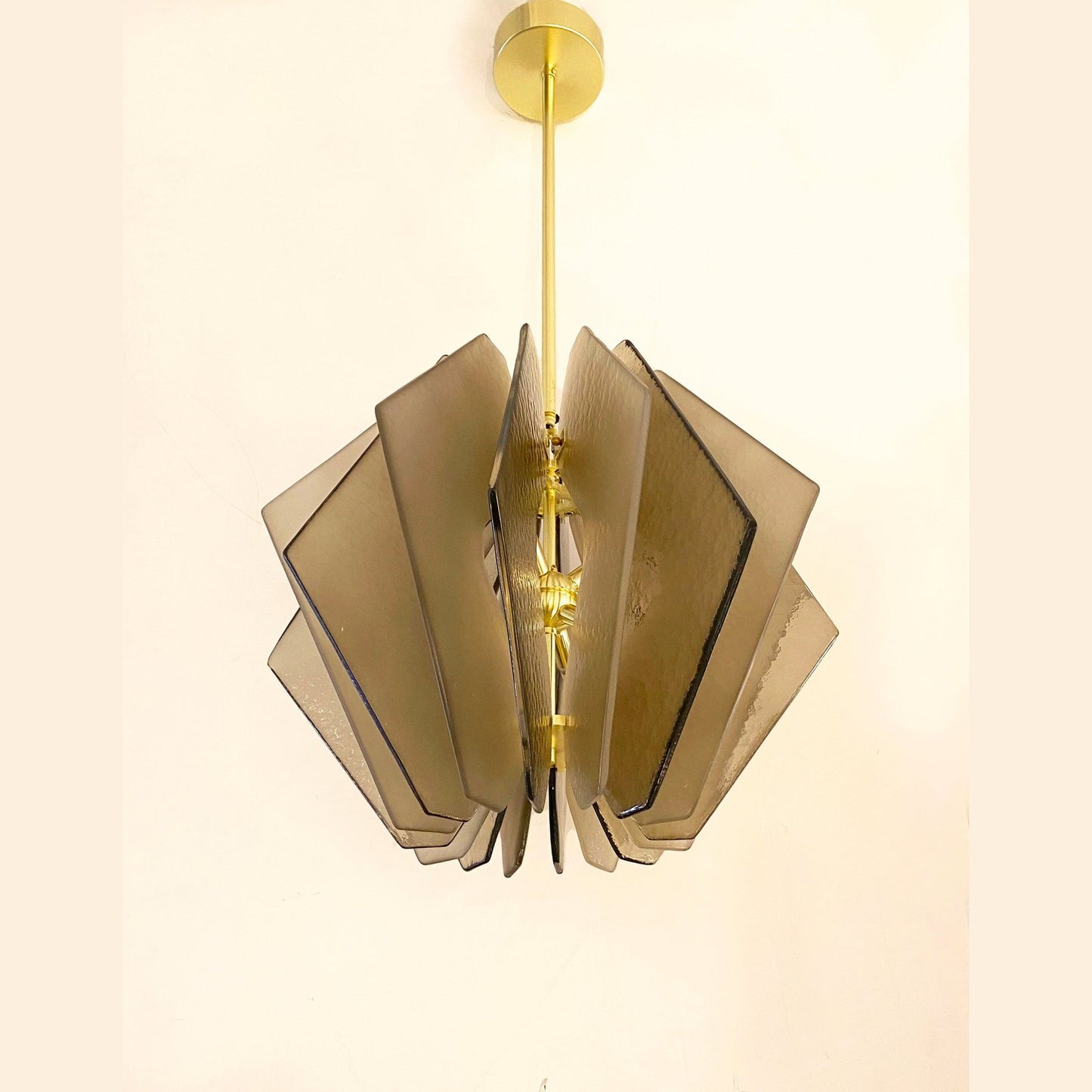 Contemporary Italian Beige Textured Murano Glass Satin Brass Pendant/Chandelier