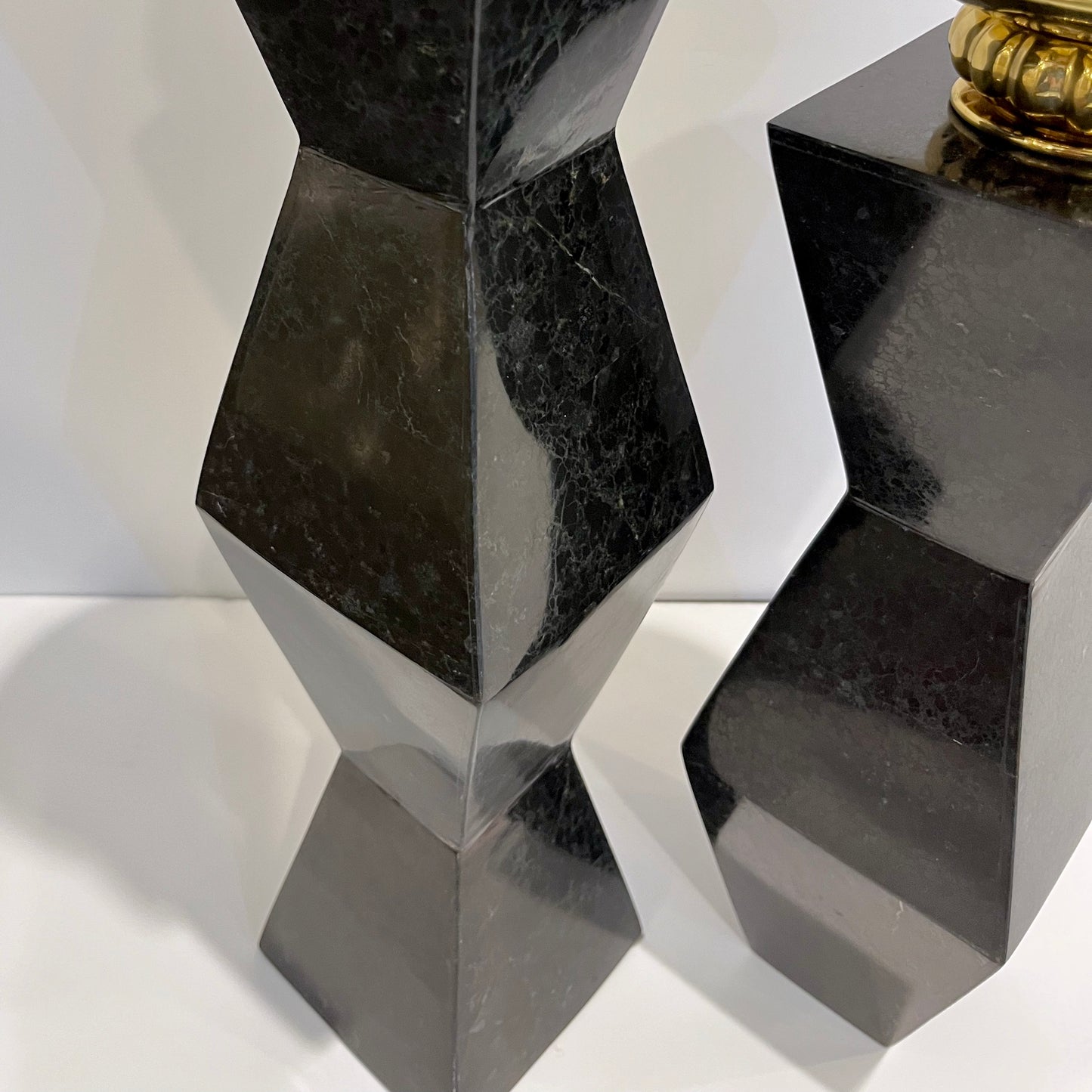 French Vintage Set of 2 Modern Black Lacquer Metal Geometric Cubist Candlesticks