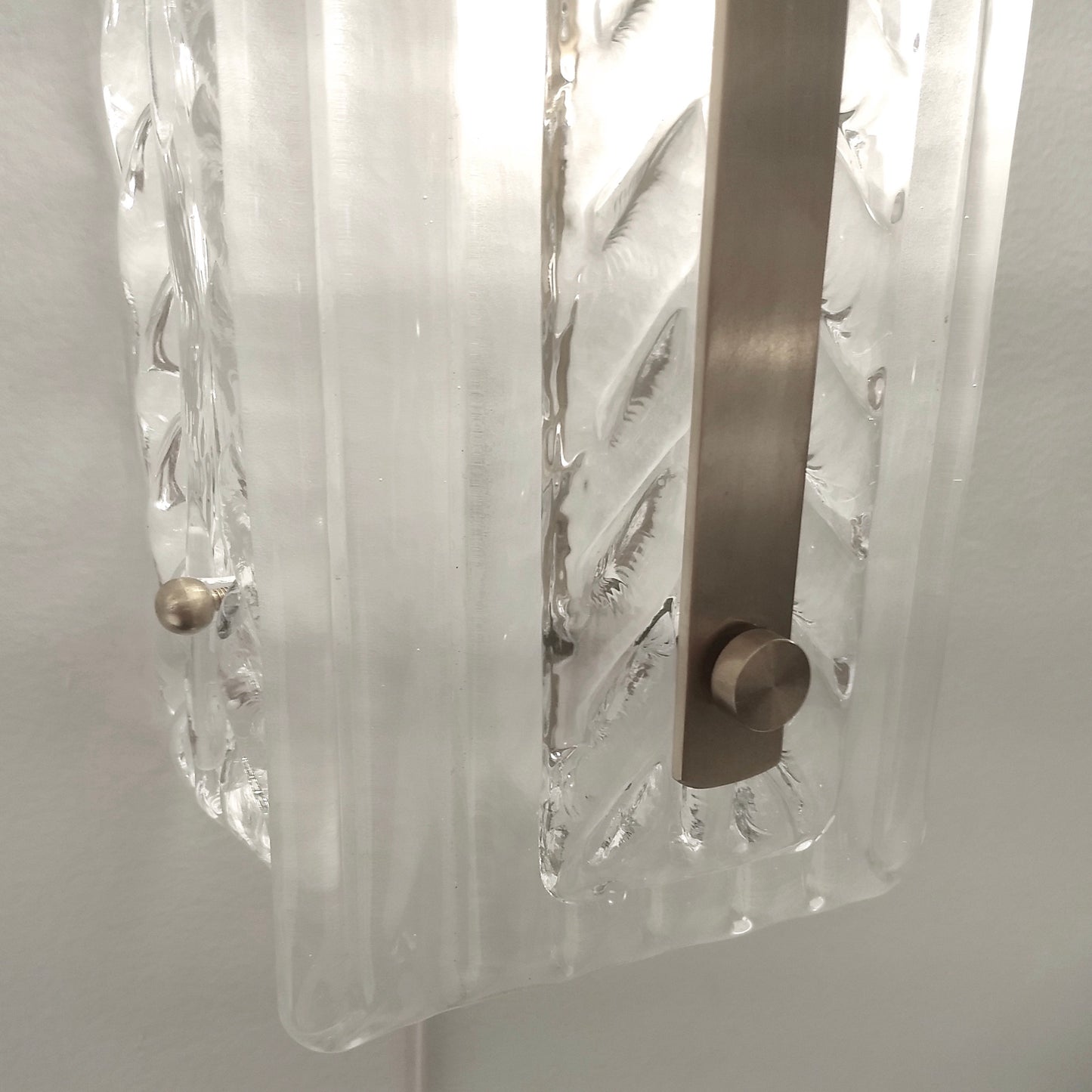 Italian Modern Pair Tall White Crystal Leaf Textured Murano Glass Nickel Sconces